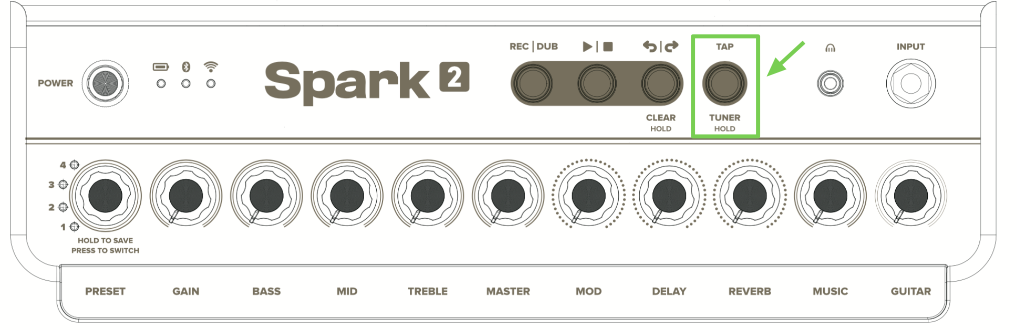 Spark 2 top panel — TAP/TUNER button