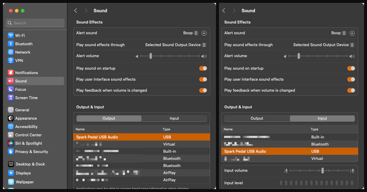 macOS Sound settings - Spark PEDAL USB Audio selected in Output and Input