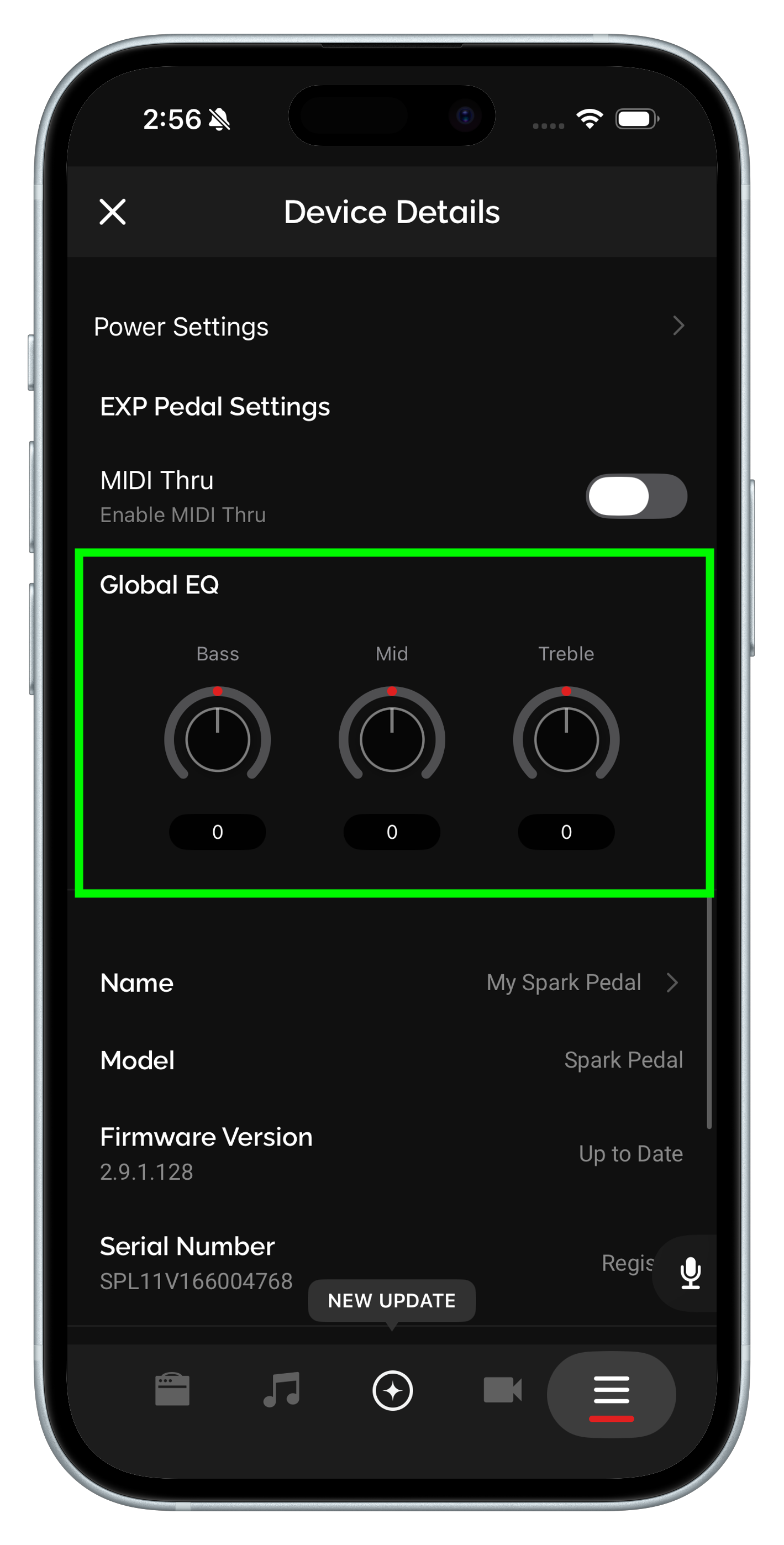 Global EQ — Bass, Mid, Treble knobs