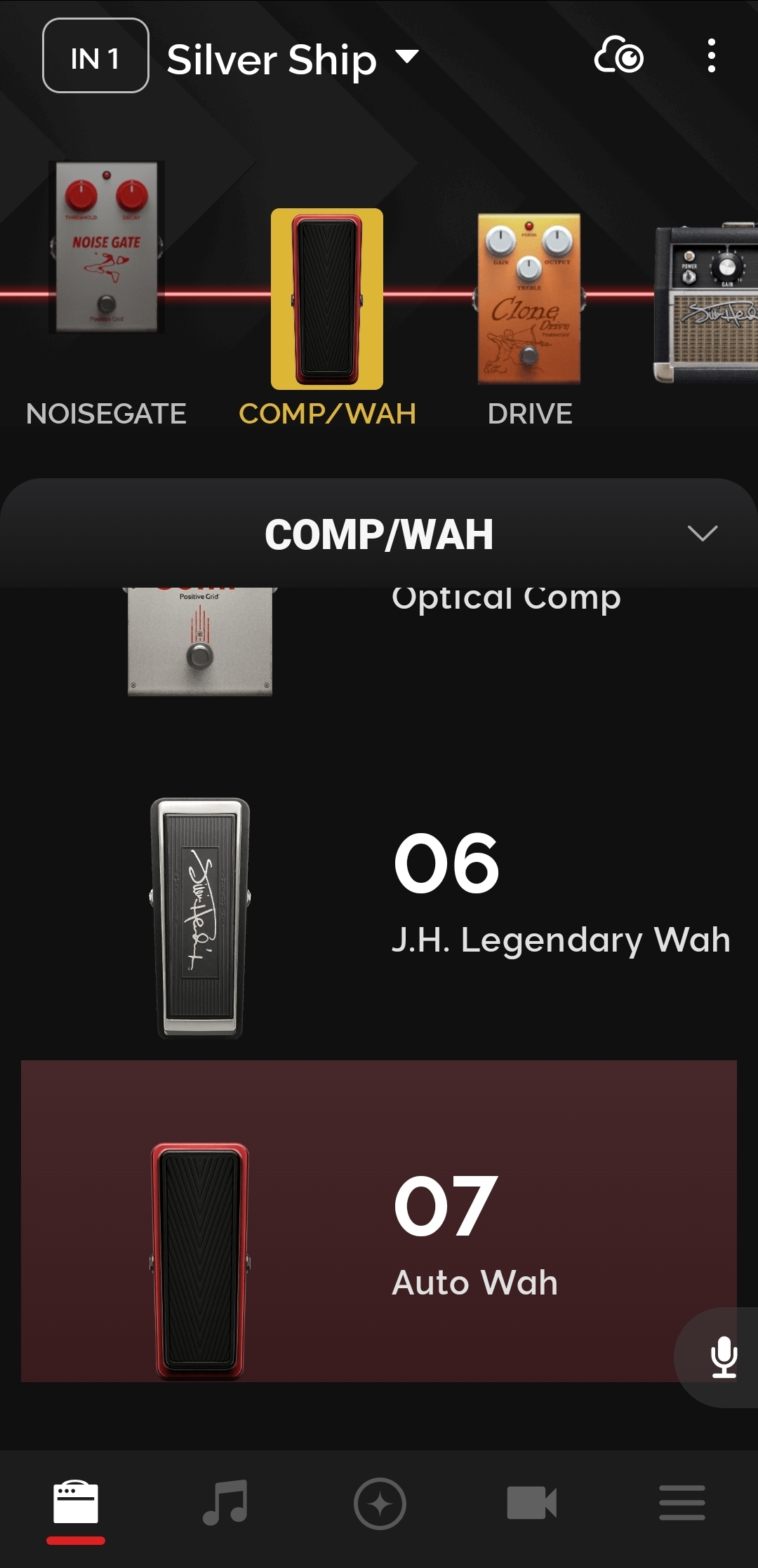 Spark app COMP/WAH picker showing Auto Wah and J.H. Legendary Wah