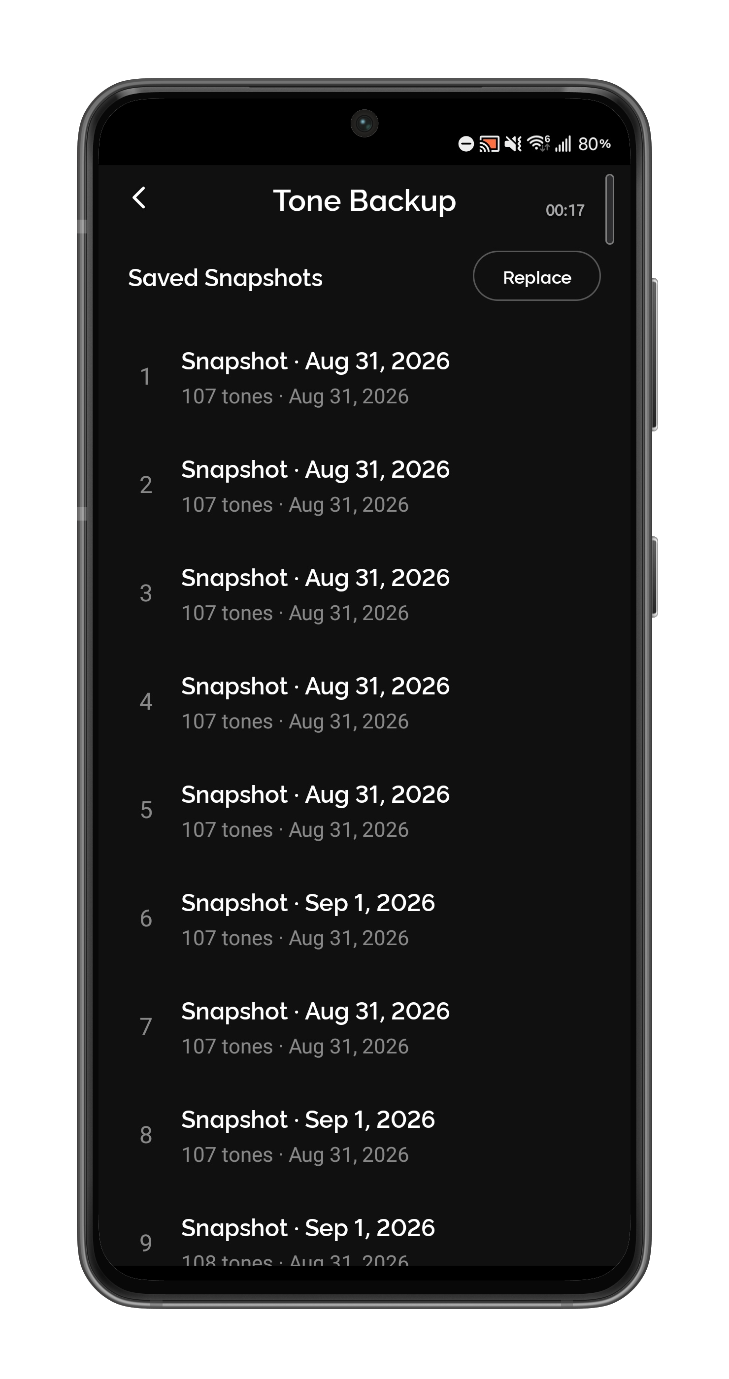 Saved Snapshots list with Replace button when limit reached