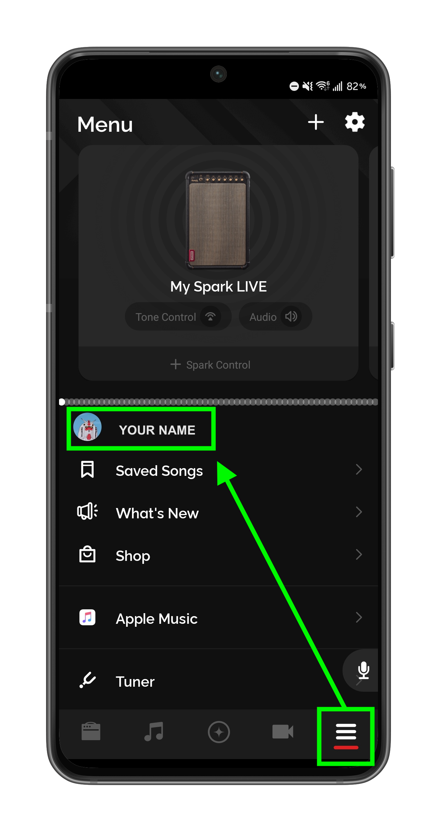 Menu tab with account name highlighted