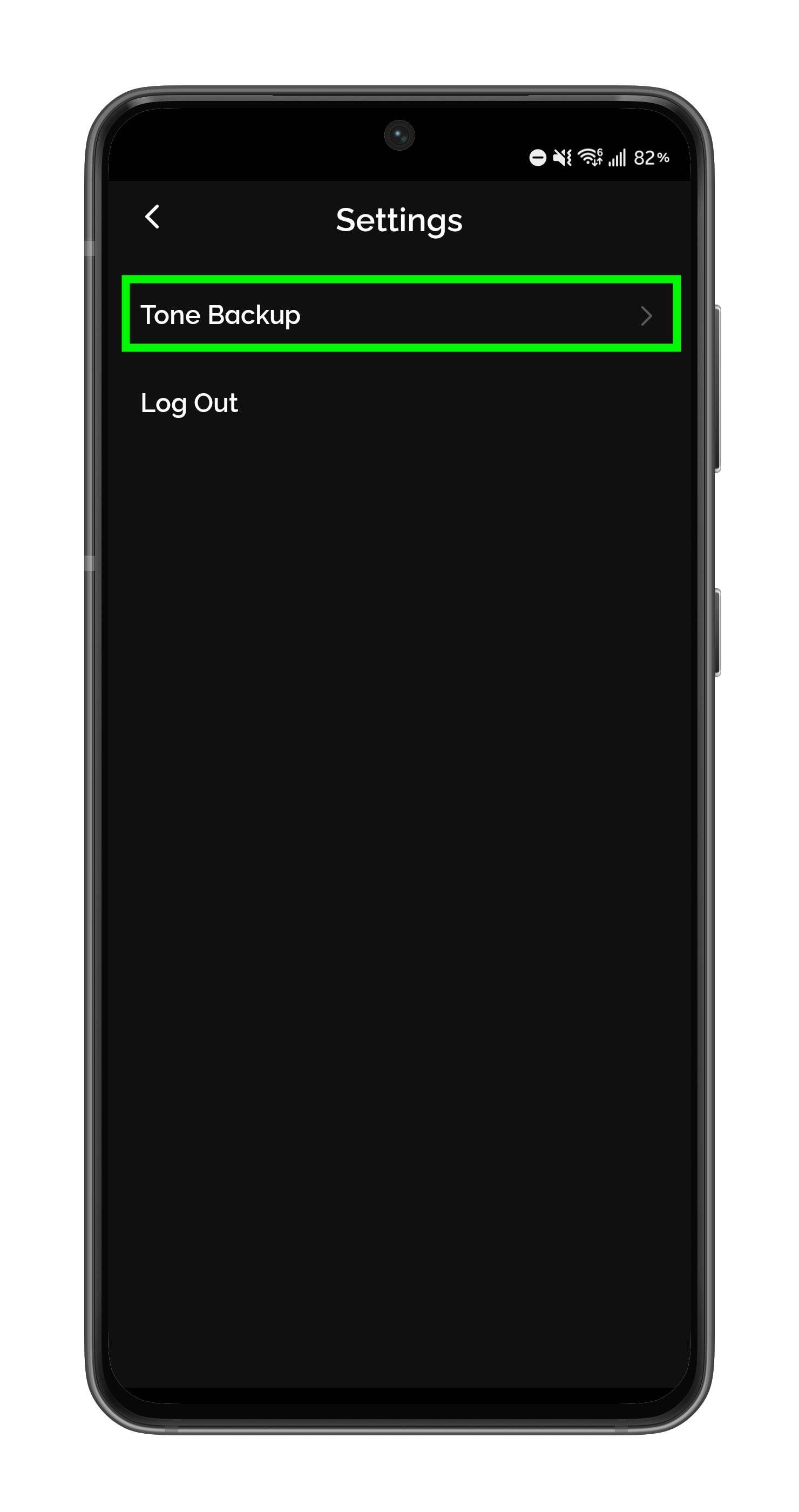 Settings screen with Tone Backup highlighted