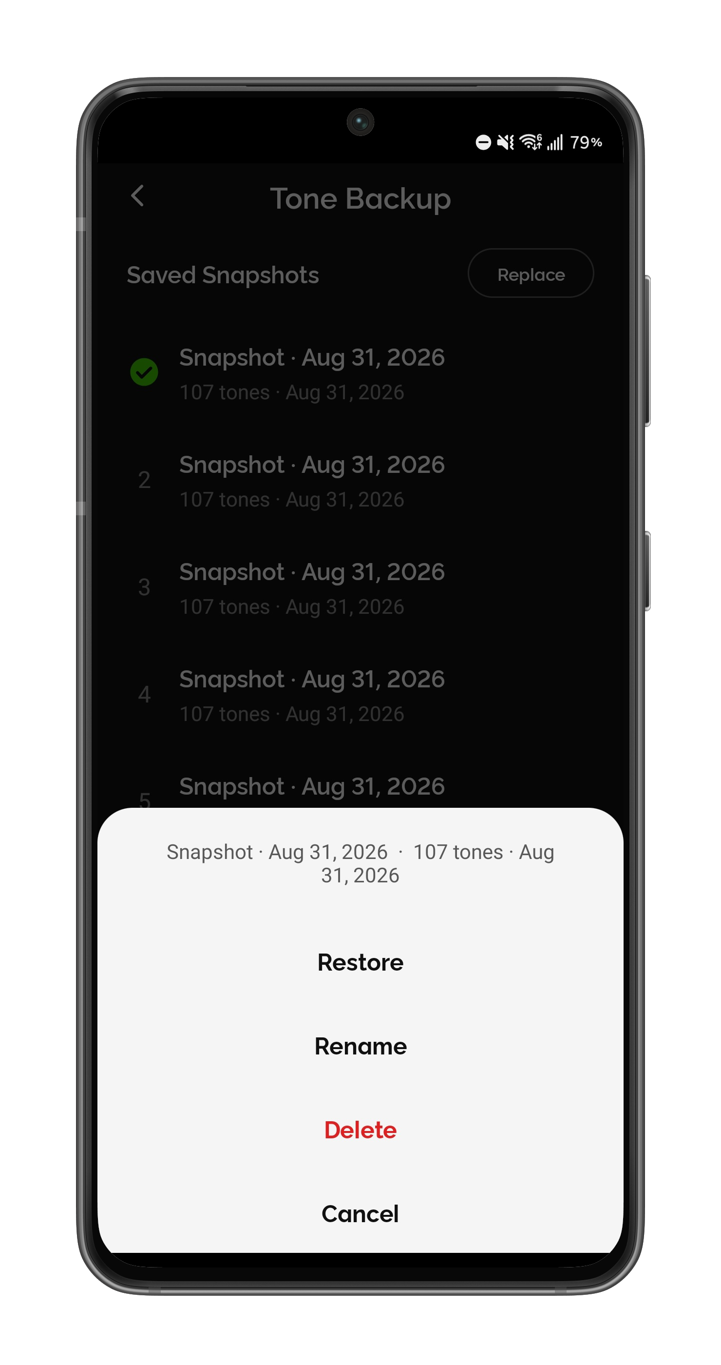 Snapshot actions: Restore, Rename, Delete, Cancel
