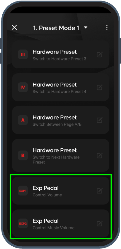 Assign expression pedal in the Footswitch Menu