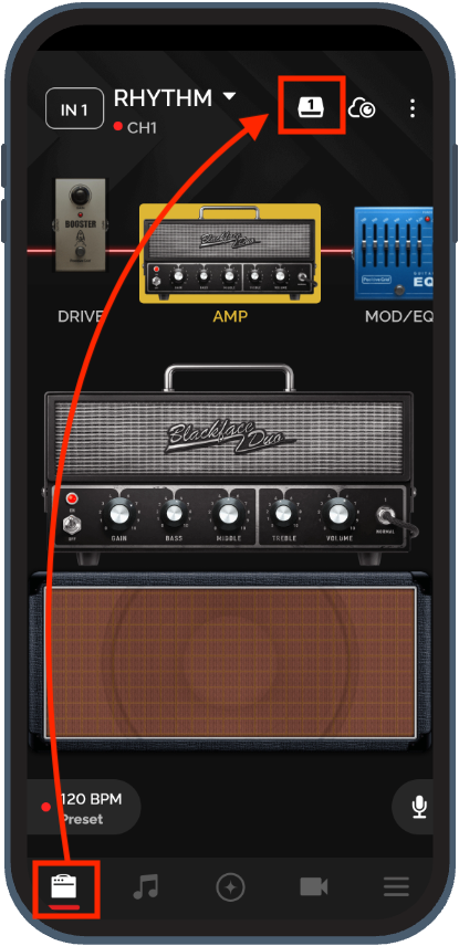 Tone Page with Control icon to access Footswitch Menu
