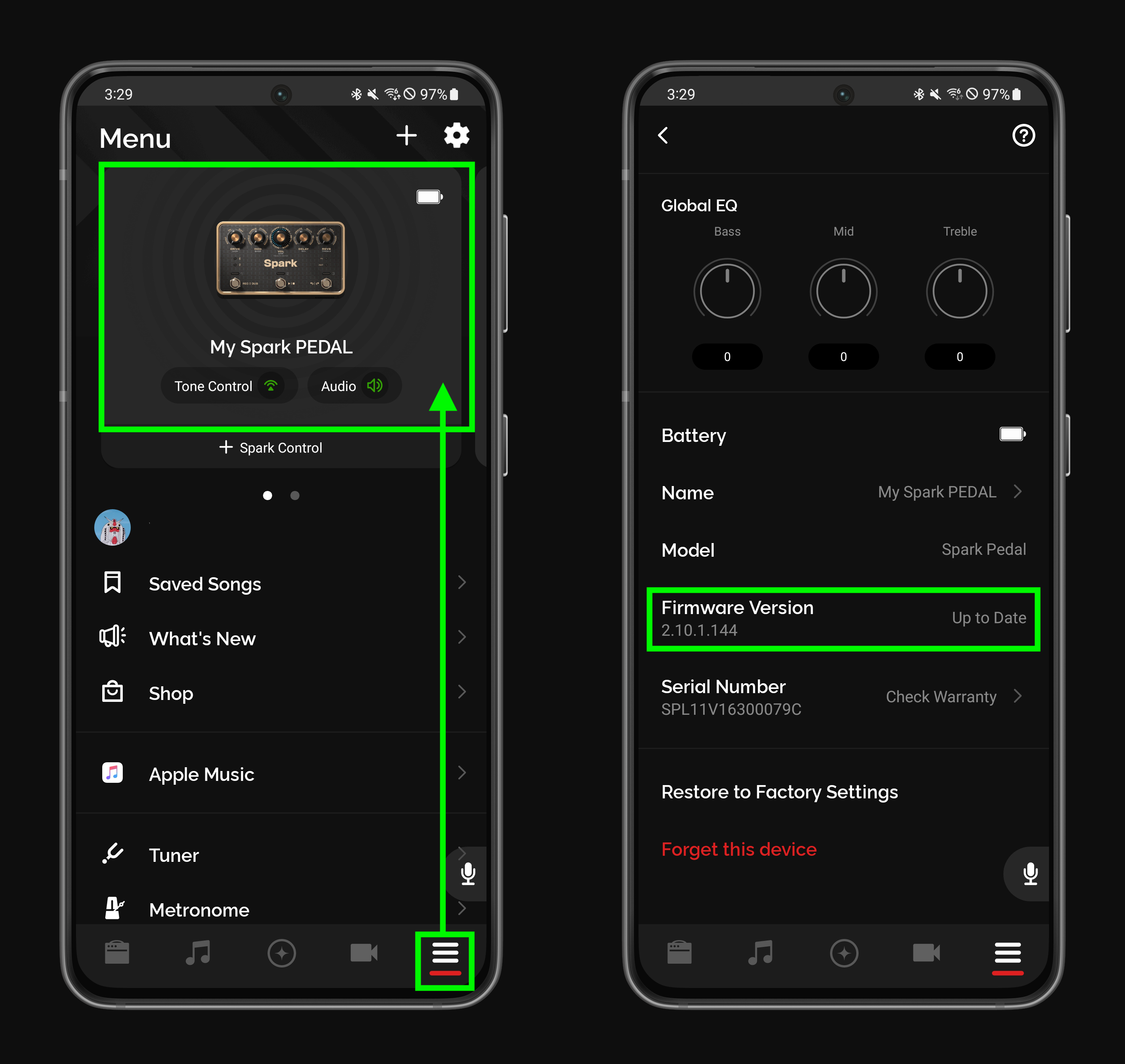 Access Spark PEDAL product card and check firmware version in the Spark app