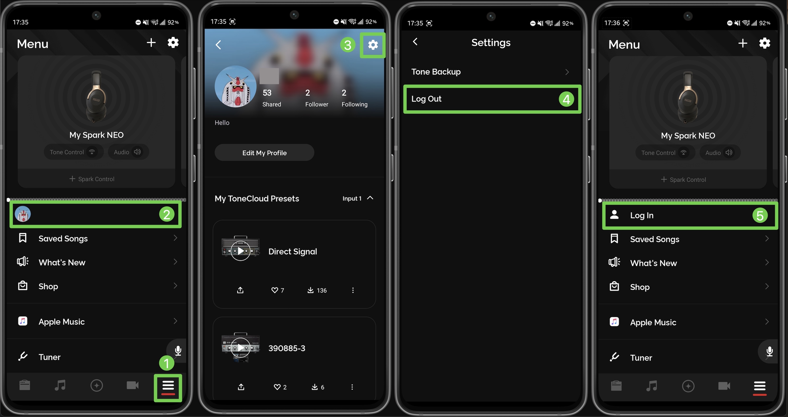 Log out of Spark app: Menu → profile → gear → Log Out, then Log In from Menu