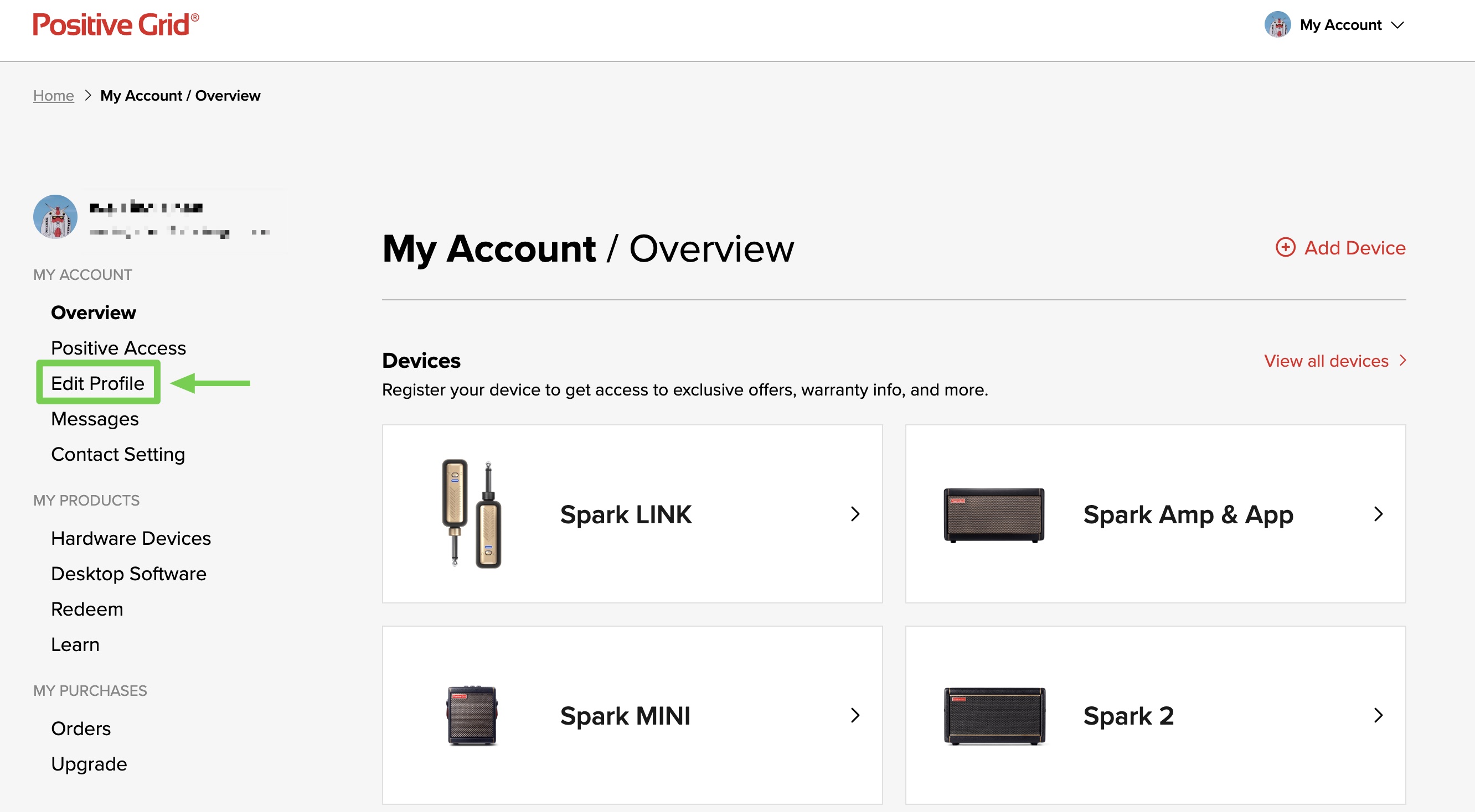 My Account overview with Edit Profile in the sidebar