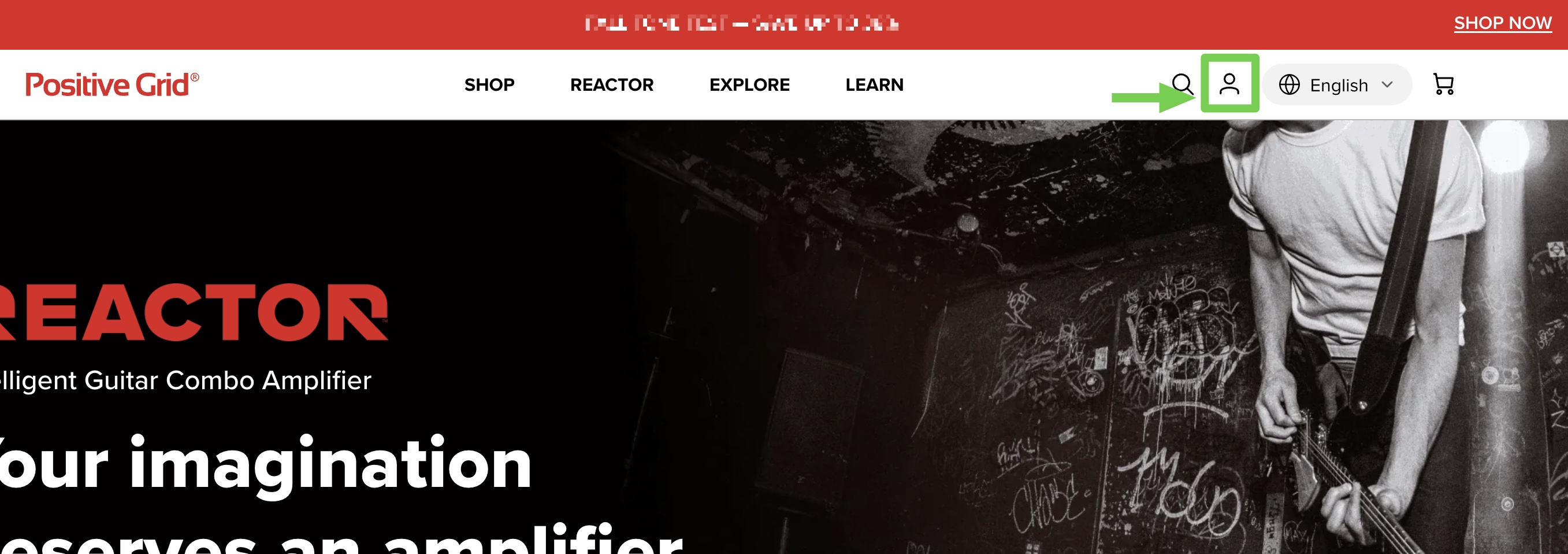 Positive Grid homepage - profile icon at the top-right