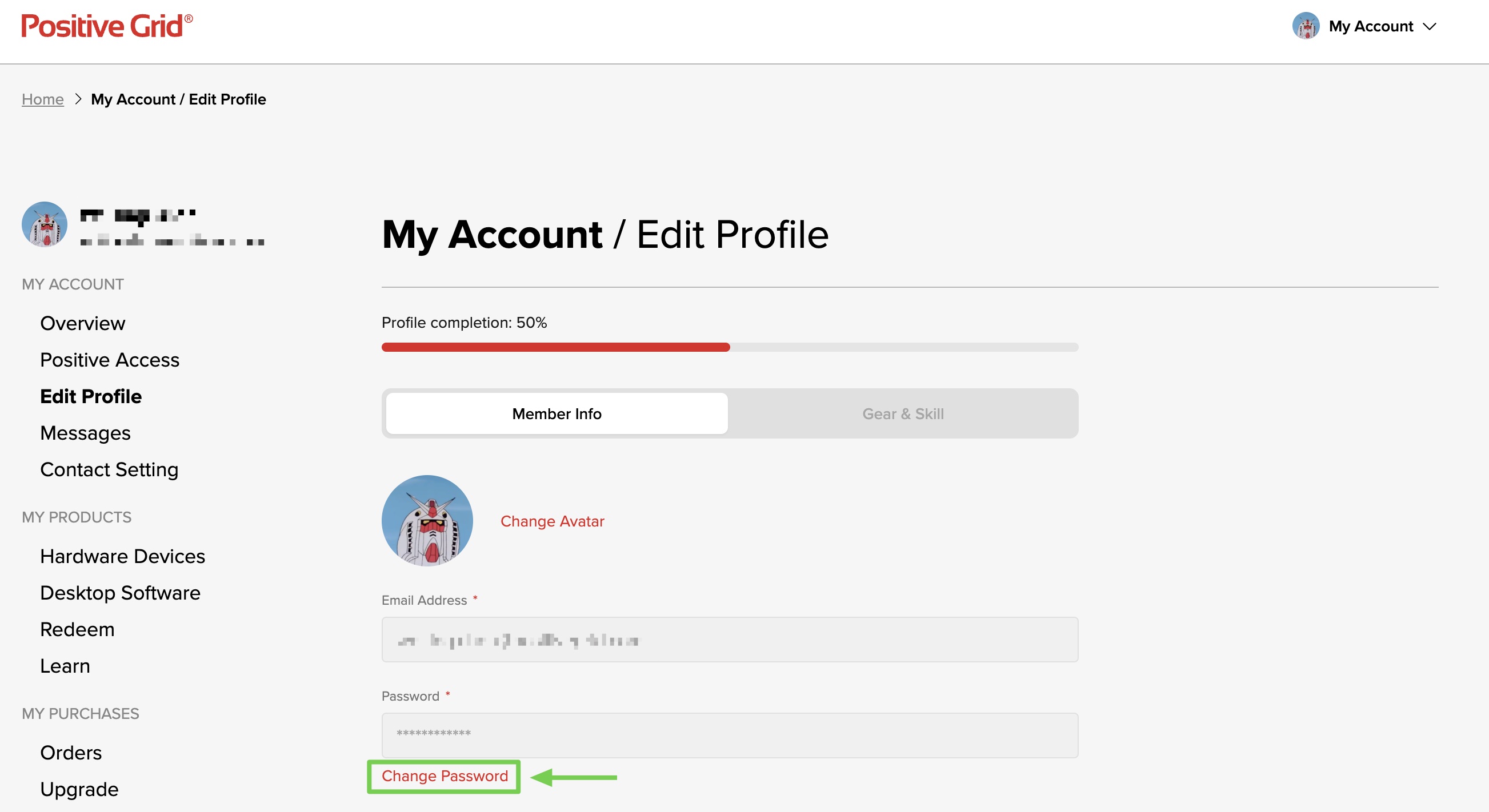 Edit Profile page with Change Password button