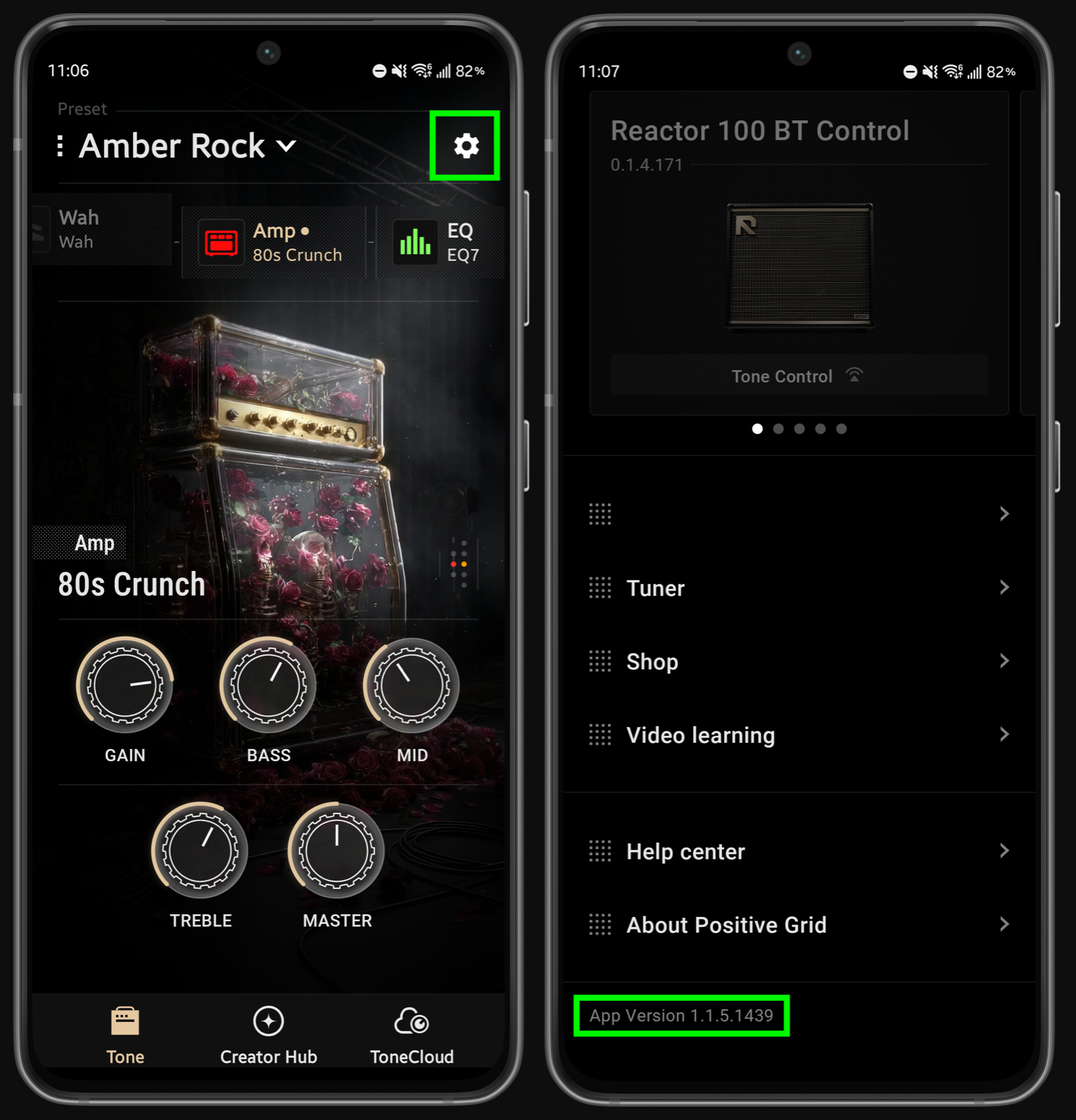 REACTOR app - gear icon next to preset name (left), App Version at the bottom of Settings (right)