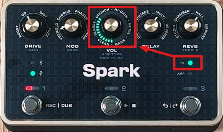 Spark PEDAL panel: FX mode LED (green, right side) confirms the Main Knob is set to VOL - the green LED ring around the Main Knob controls master volume