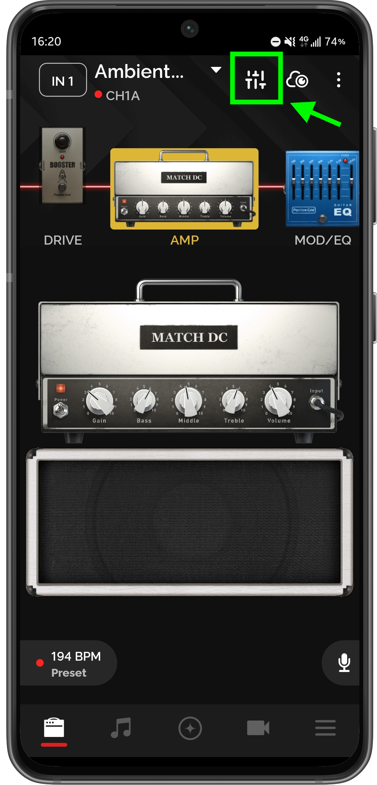 Mixer View icon on the Tone page (top-right, next to ToneCloud)