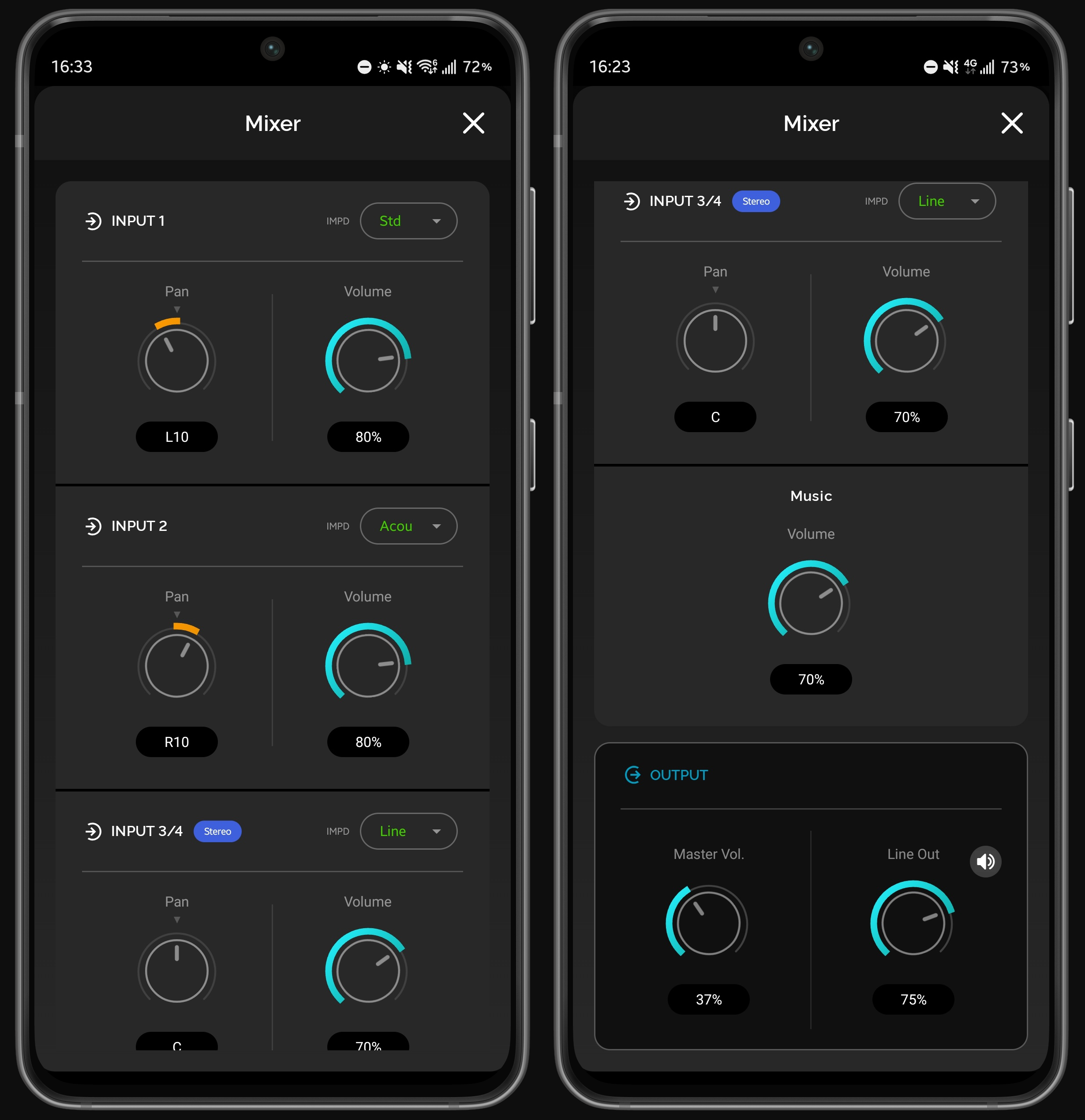 Mixer View controls - Input 1 / 2 / 3-4, Music, Output (Master Vol. + Line Out)