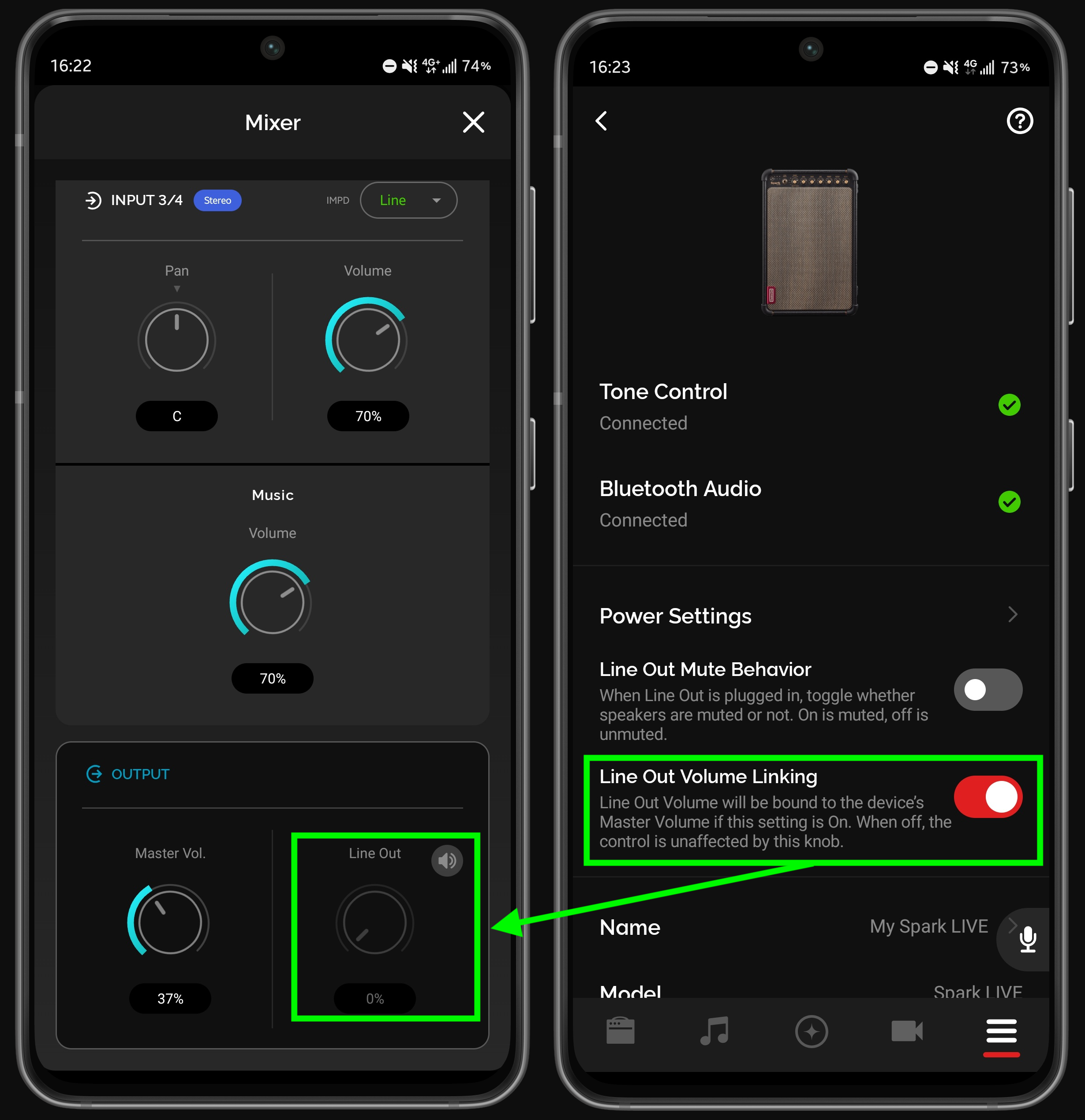 Line Out control greyed out in the Mixer (left), with Line Out Volume Linking toggle in the product card settings (right)