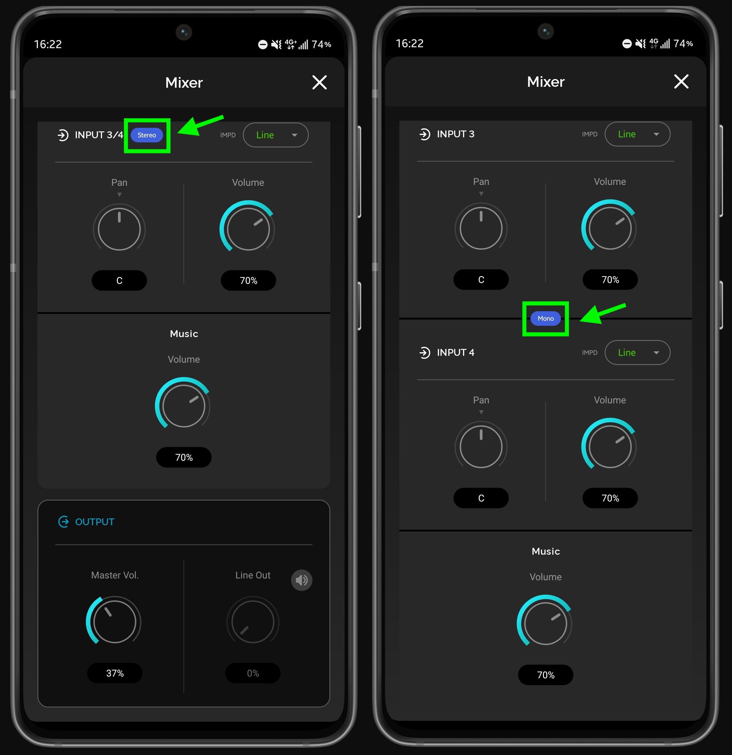 Input 3/4 Stereo/Mono toggle - tap the blue badge to switch between combined stereo (left) and split mono inputs (right)