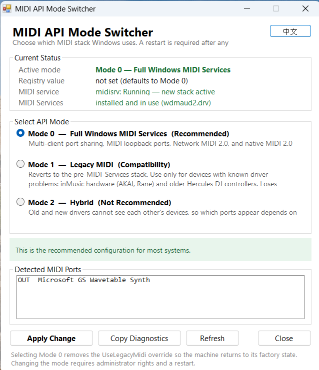 MIDI API Mode Switcher - default Mode 0, select Mode 1 Legacy MIDI Compatibility and click Apply Change