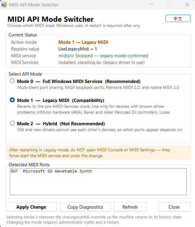 MIDI API Mode Switcher - after restart, Active mode is Mode 1 - Legacy MIDI, MIDI service stopped, legacy mode confirmed