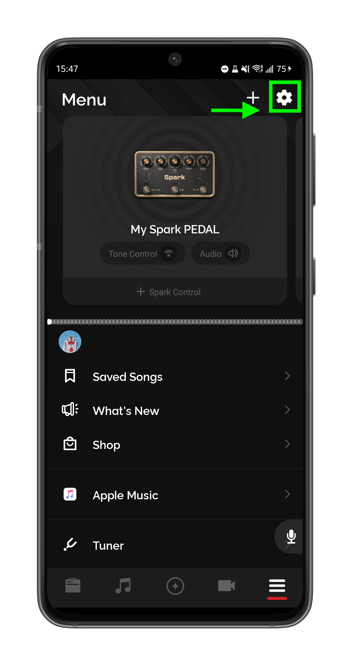 Menu tab with gear icon in the top-right corner highlighted