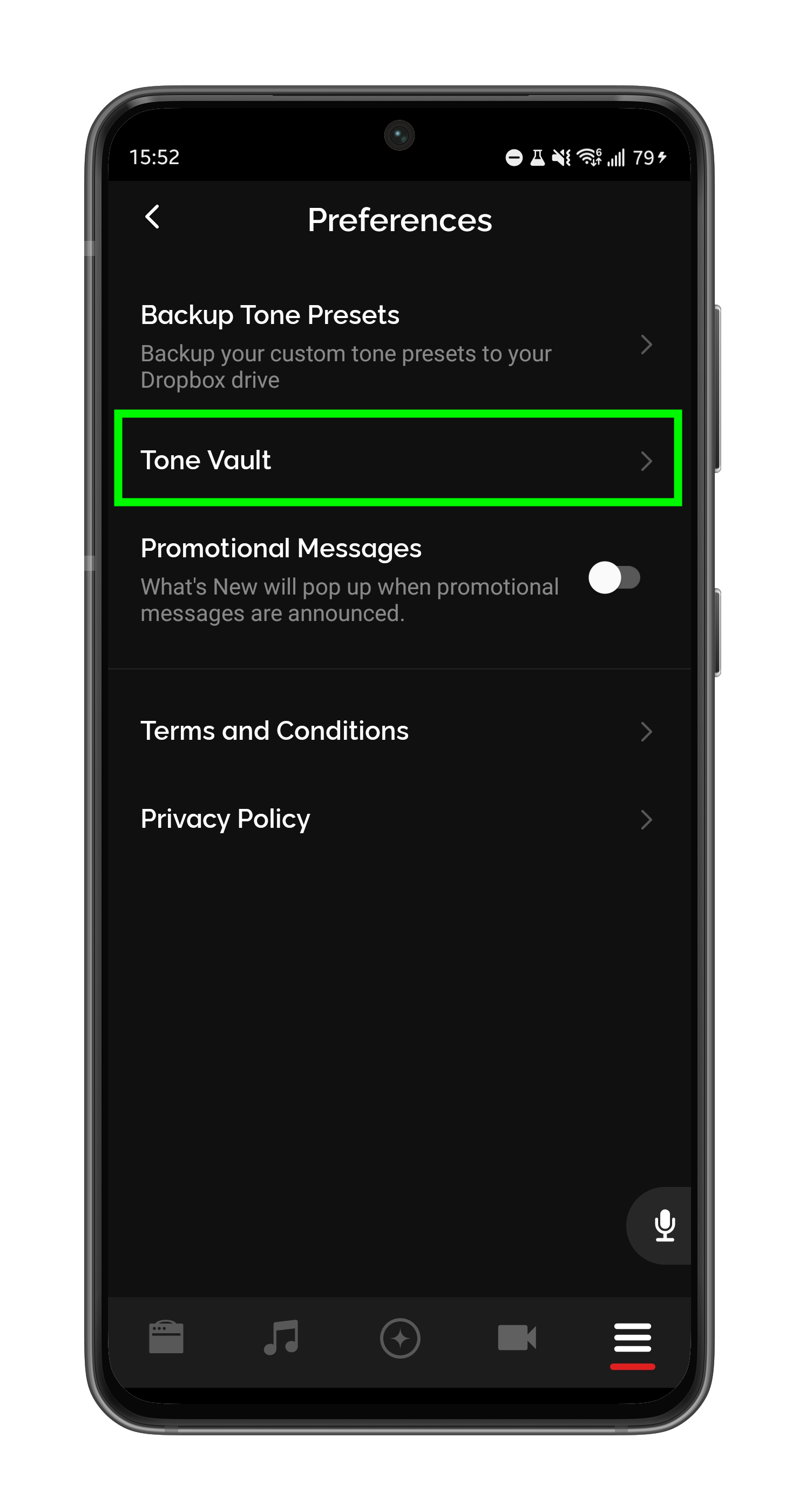 Preferences page with Tone Vault highlighted